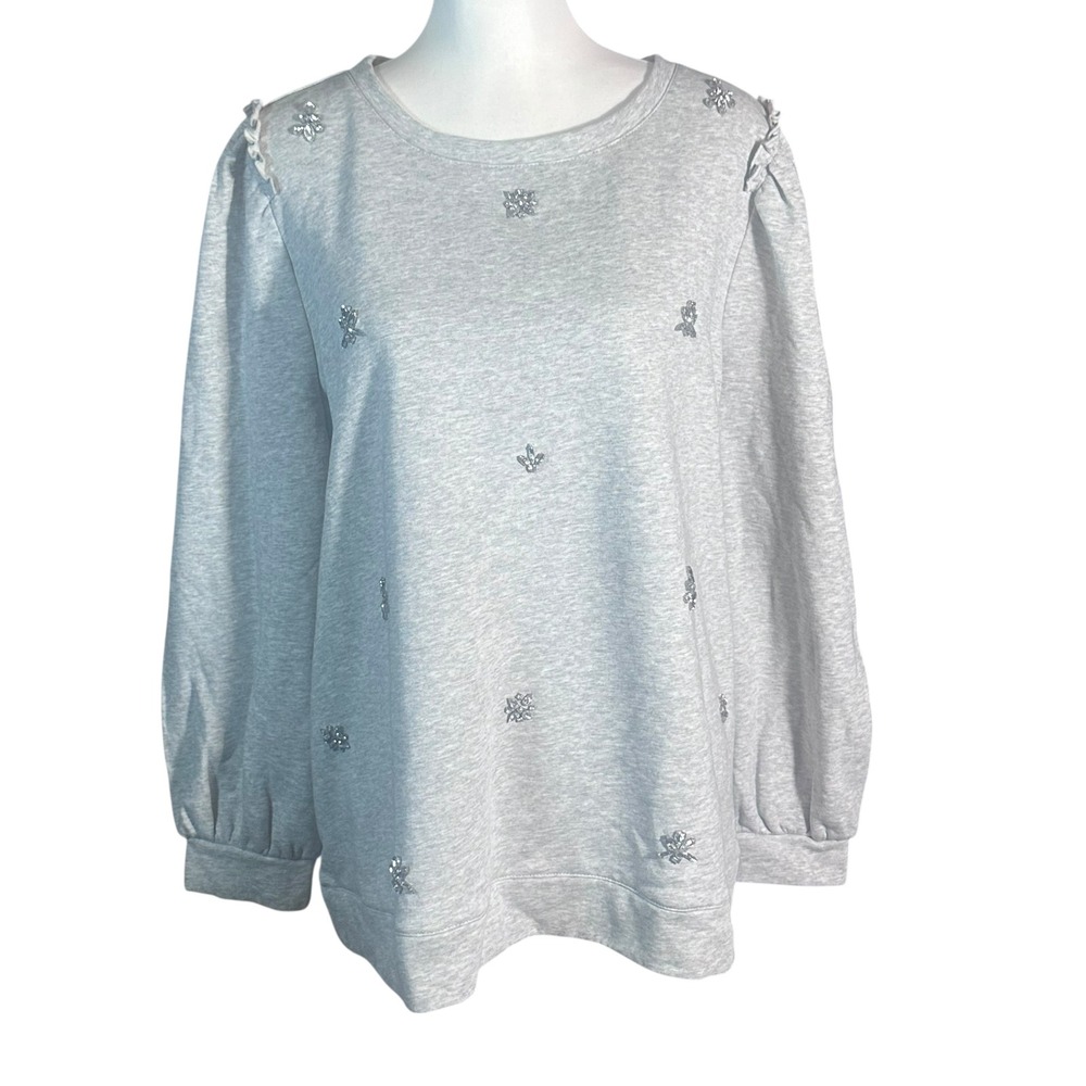 Talbots Sweatshirt Women's 2X Gray Rhinestone Puff Sleeve Ruffle‎ Top Artsy